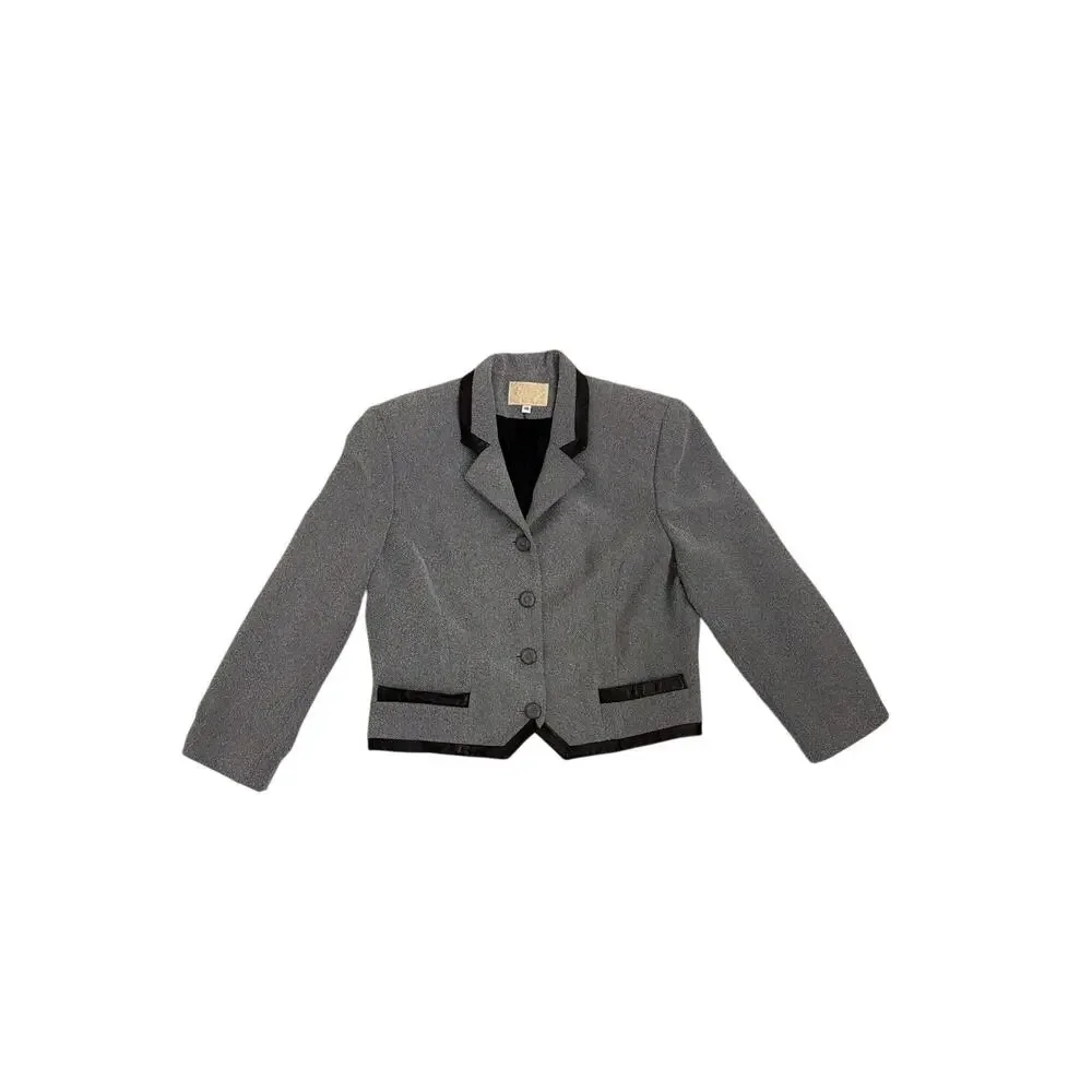 Alberto Makali Vintage Black Jacket Herringbone Leather Trim Preppy Blazer 14